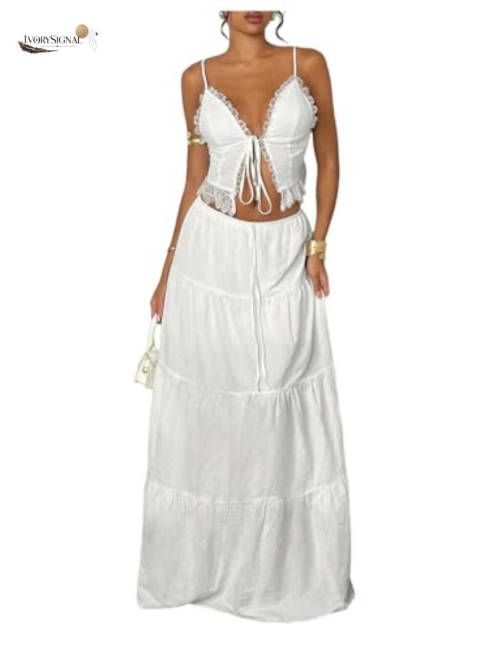 Floerns 2 Piece Outfit Tie Front Camisole Top Tiered Maxi Skirt Set